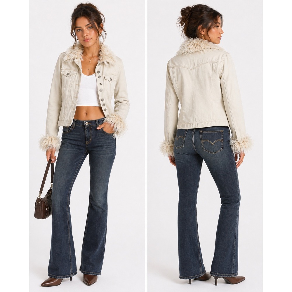 Faded Glory Denim Jacket Womens Medium Tan Faux Fur Trim Penny Lane Afghan Boho